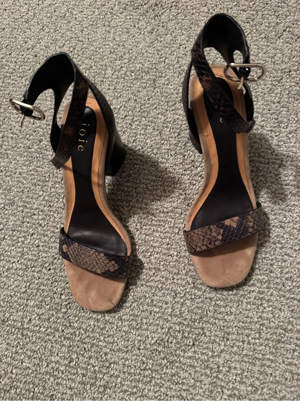 Joie Tan and Black Snakeskin Ankle-Strap Block Heel Sandals